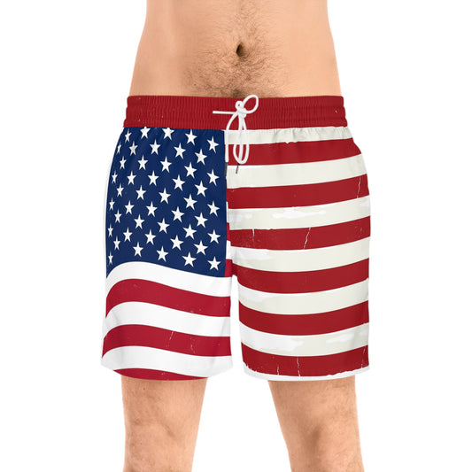 American Flag Swim Shorts — Patriotic Men's Mid-Length Beach Trunks